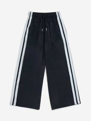 Y&F Kids Black Stripe Printed Mid-Rise Track Pants