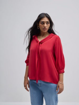 Gia Red Tie-Up Detailed Cotton-Blend Top