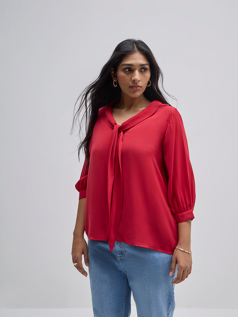 Gia Red Tie-Up Detailed Cotton-Blend Top