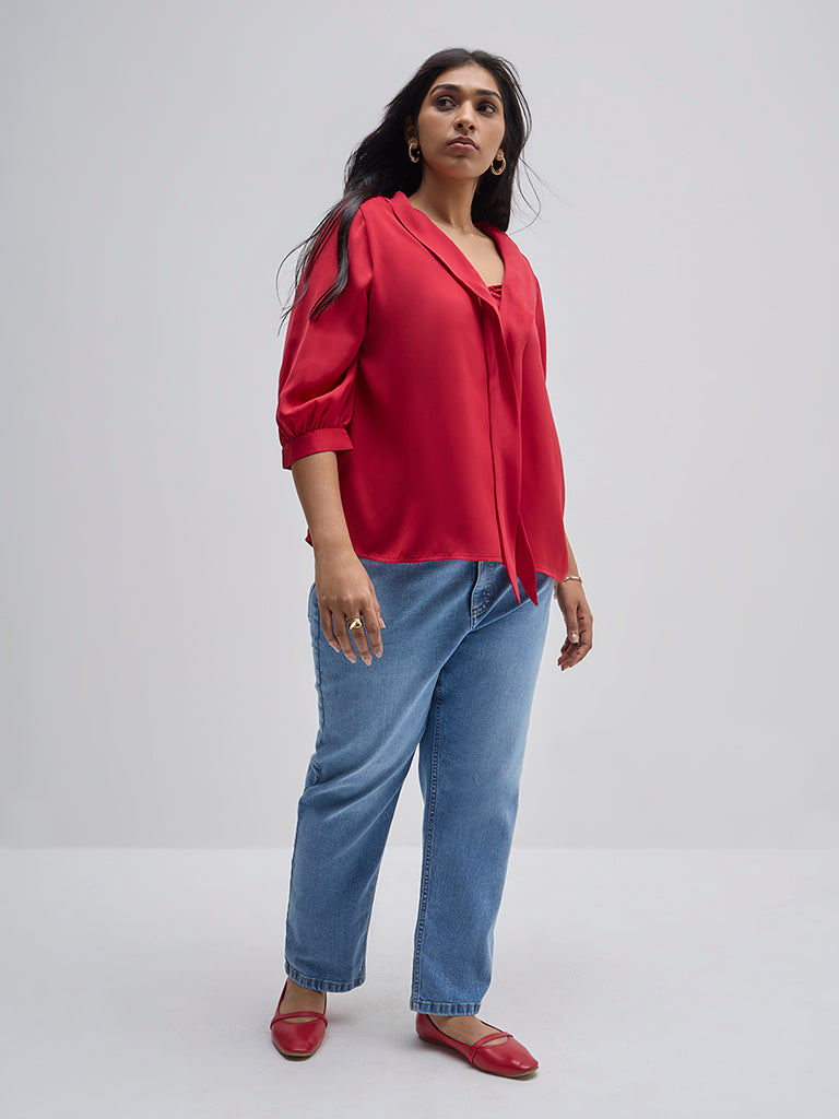 Gia Red Tie-Up Detailed Cotton-Blend Top - Image 3