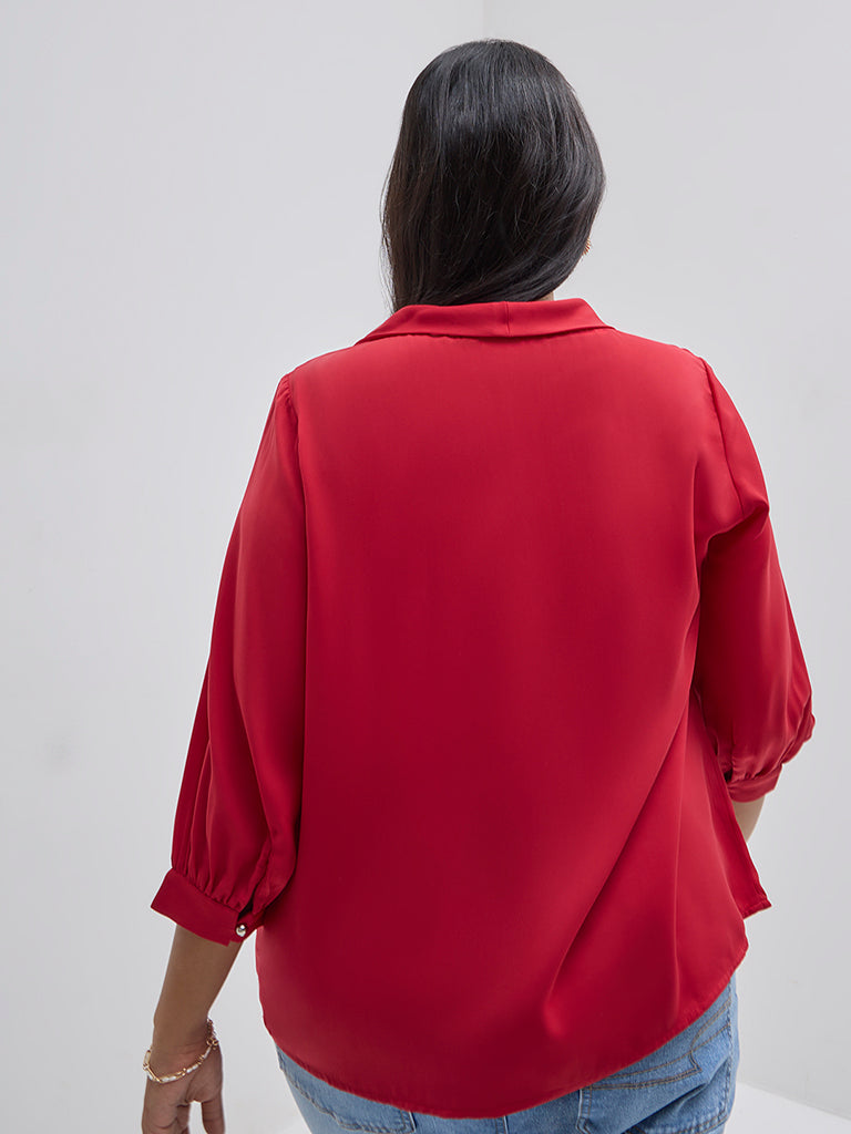 Gia Red Tie-Up Detailed Cotton-Blend Top - Image 4