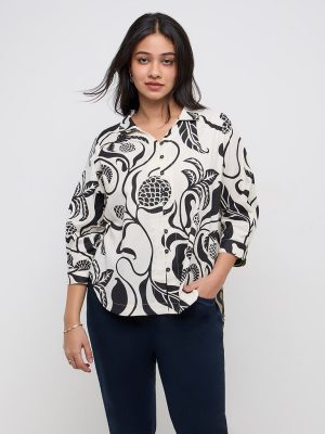 Gia Off-White Botanical Printed Cotton-Blend High-Low Shirt