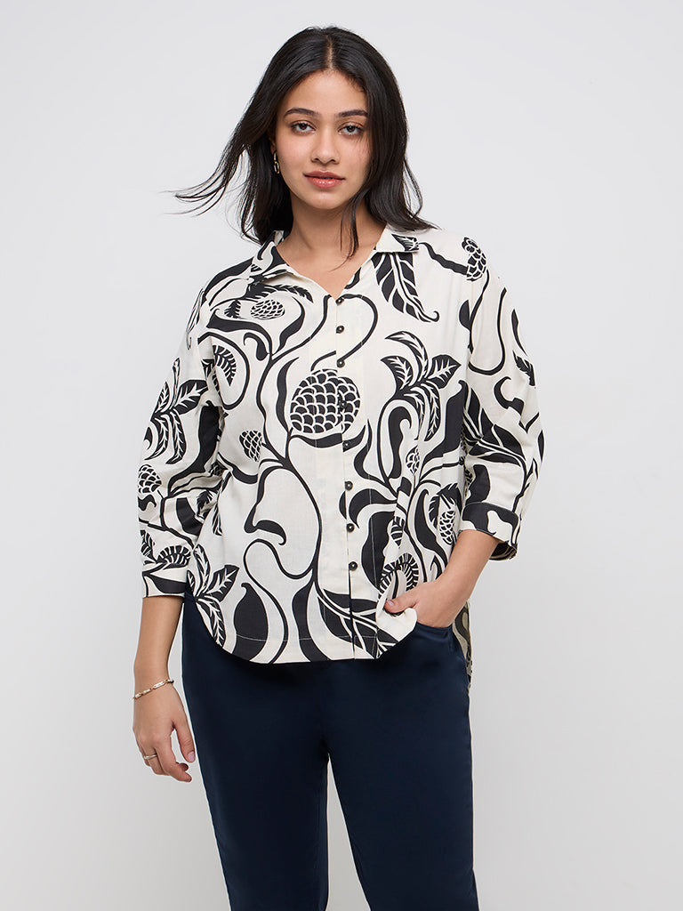 Gia Off-White Botanical Printed Cotton-Blend High-Low Shirt