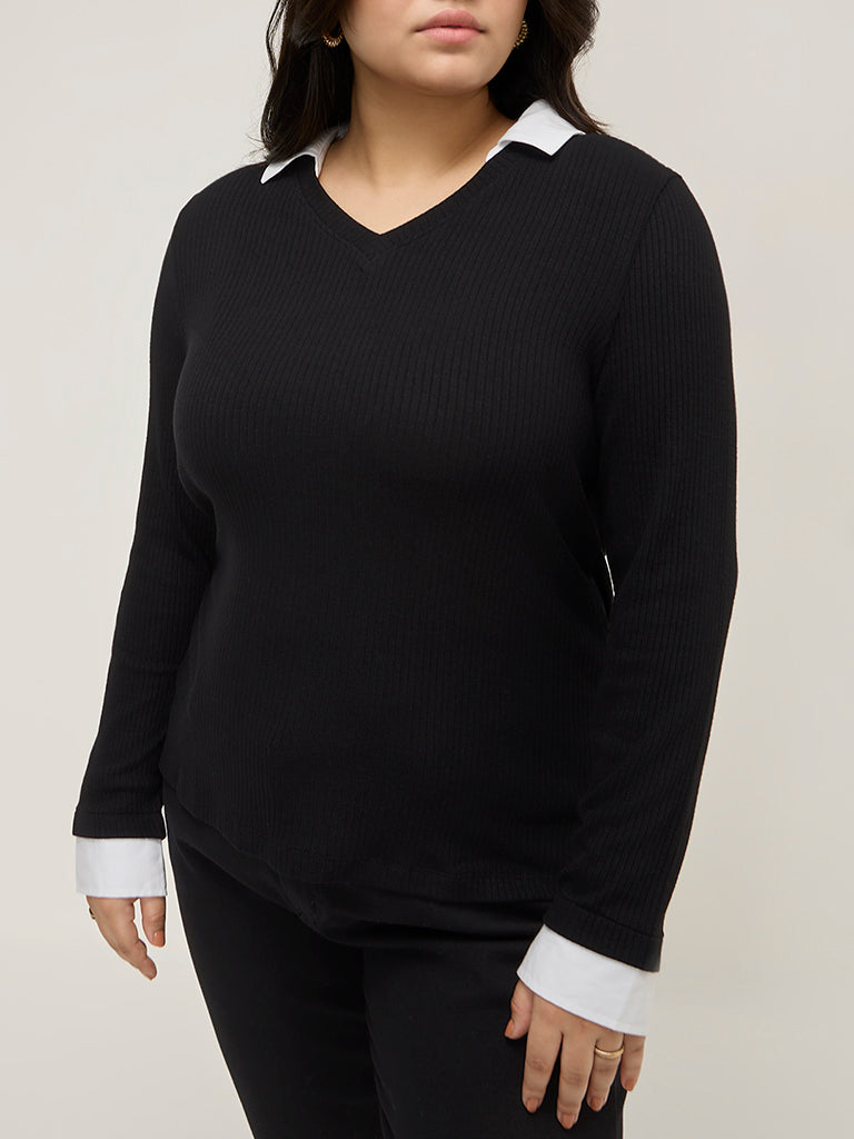 Gia Black Ribbed Collared T-Shirt - Image 3