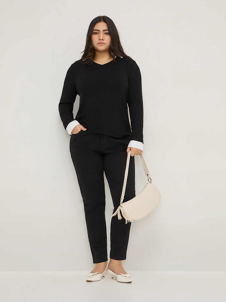 Gia Black Ribbed Collared T-Shirt - Image 4