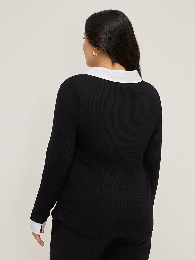 Gia Black Ribbed Collared T-Shirt - Image 5