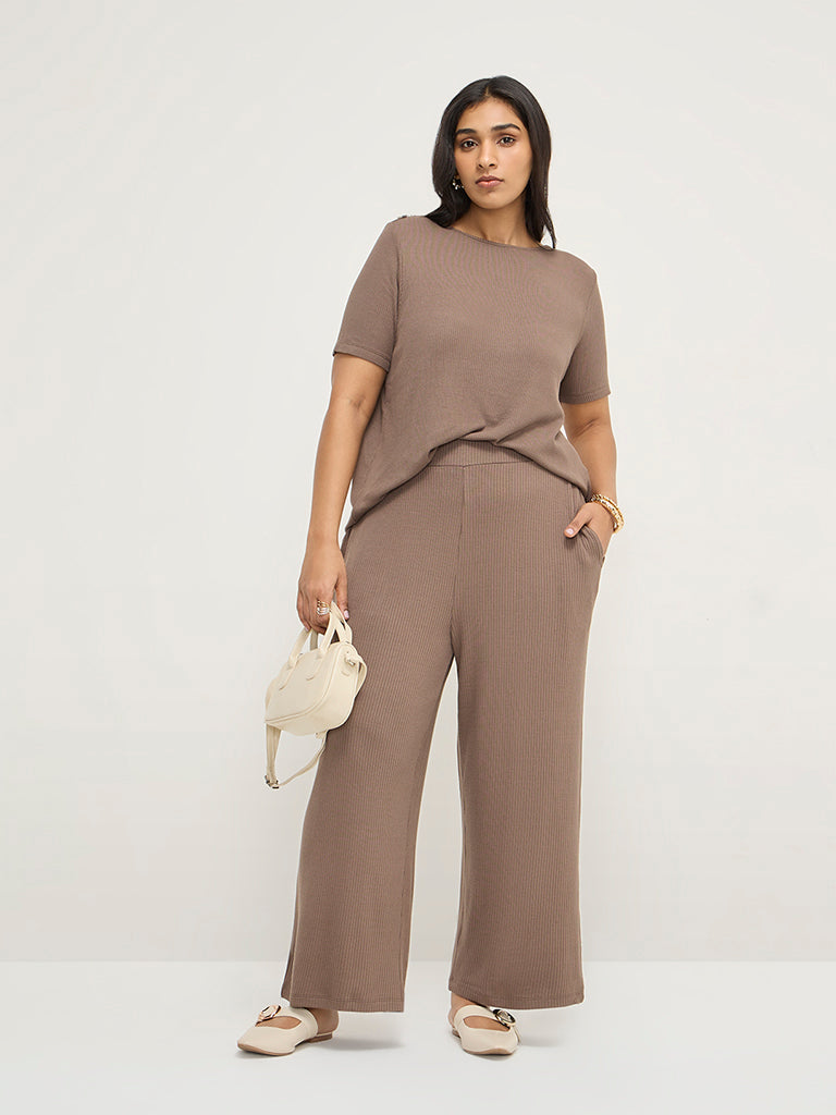 Gia Dark Brown Ribbed-Textured T-Shirt - Image 3