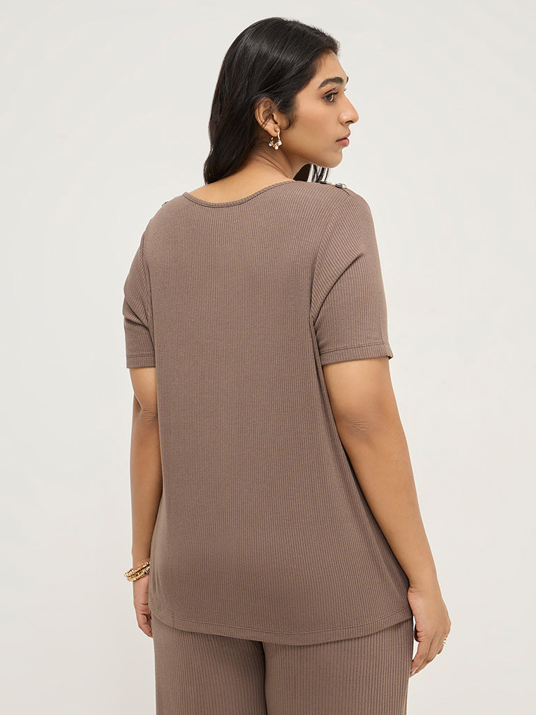 Gia Dark Brown Ribbed-Textured T-Shirt - Image 4