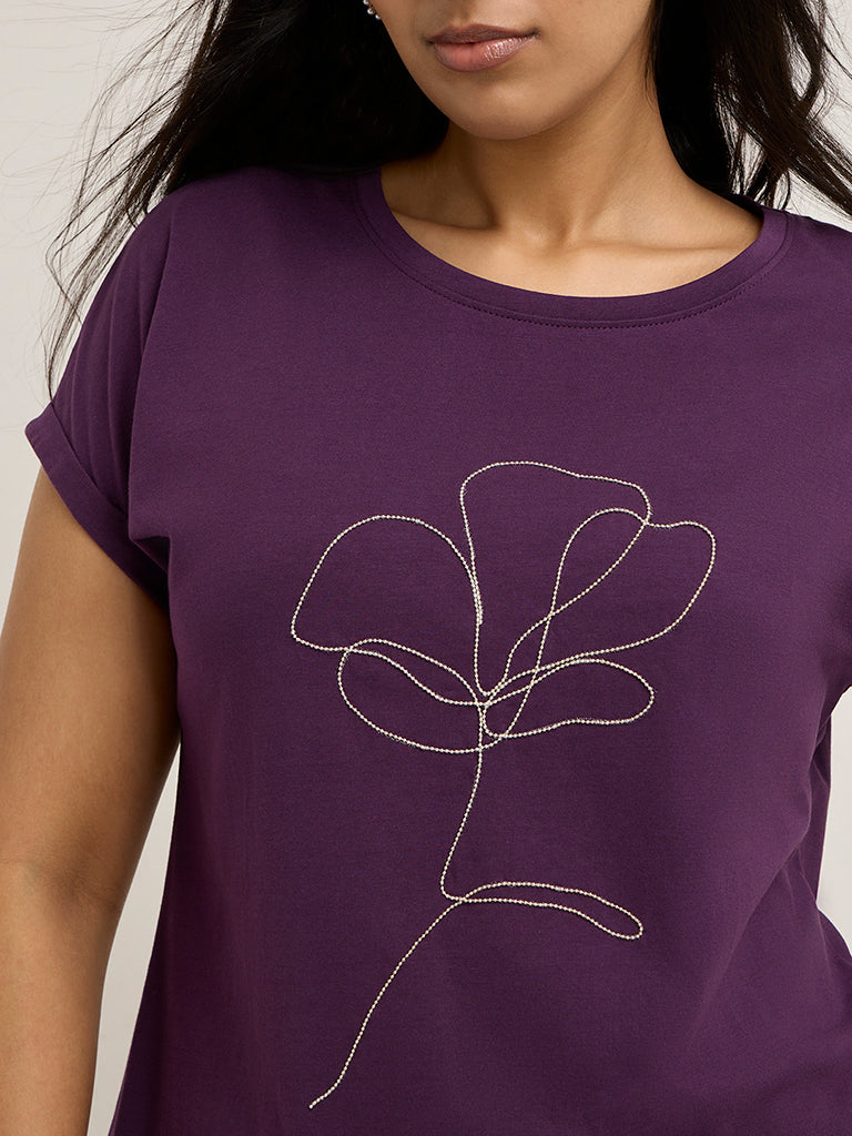 Gia Purple Floral Embellished Cotton T-Shirt - Image 2