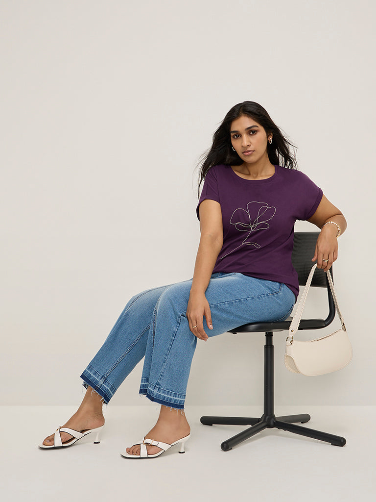 Gia Purple Floral Embellished Cotton T-Shirt - Image 3