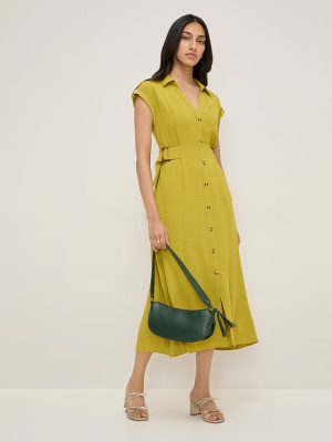 LOV Green A-Line Belted Dress