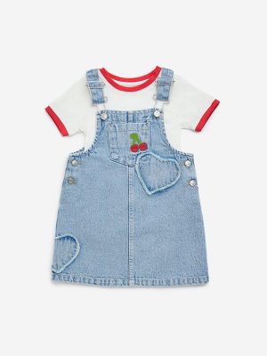 HOP Kids Light Blue Cotton Dungaree with T-Shirt Set
