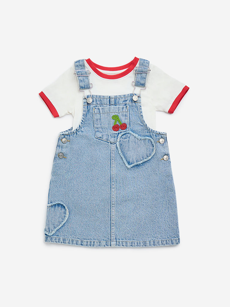 HOP Kids Light Blue Cotton Dungaree with T-Shirt Set