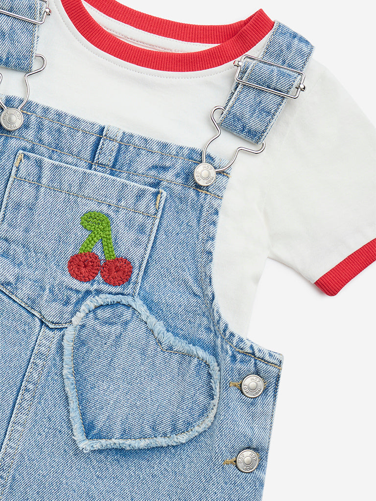 HOP Kids Light Blue Cotton Dungaree with T-Shirt Set - Image 3