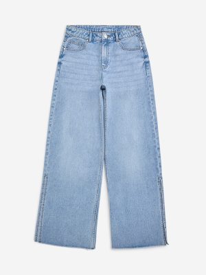 Y&F Kids Light Blue Slit Detailed Straight-Fit High-Rise Jeans