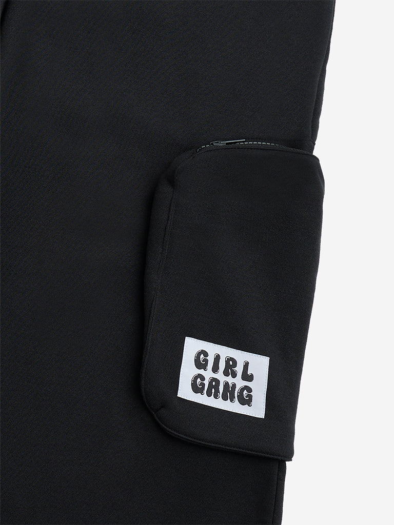 Y&F Kids Black Cargo-Style Mid-Rise Cotton-Blend Trousers - Image 4