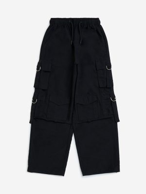 Y&F Kids Black Cargo-Style Mid-Rise Cotton Trousers