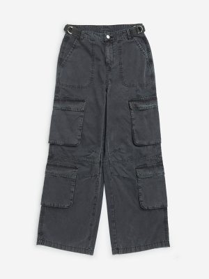Y&F Kids Charcoal Cargo-Style High-Rise Denim Trousers
