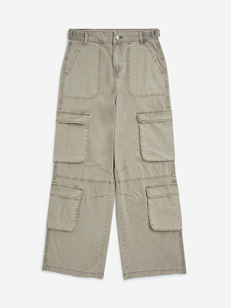 Y&F Kids Dark Beige Cargo-Style Mid-Rise Cotton Trousers