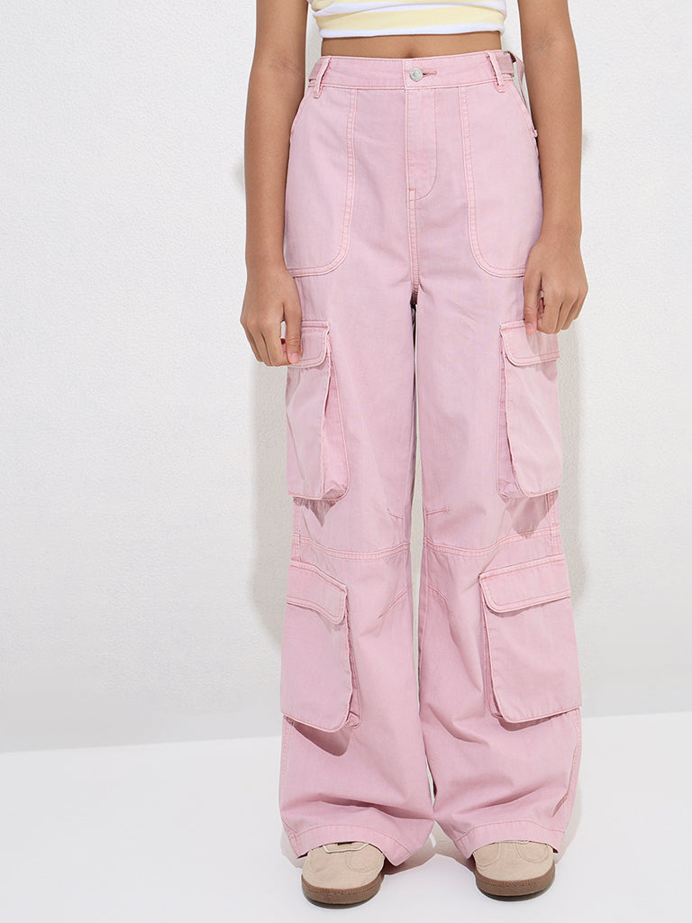 Y&F Kids Dusty Pink Cargo-Style High-Rise Cotton Trousers - Image 3