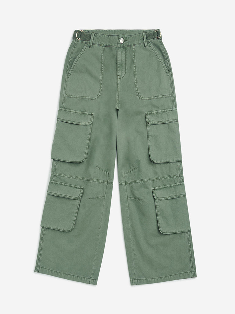 Y&F Kids Olive High-Rise Cargo Cotton Pants