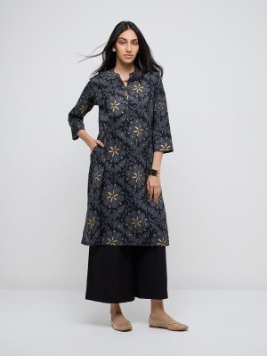 Utsa Black Buta Print Cotton Straight Kurta
