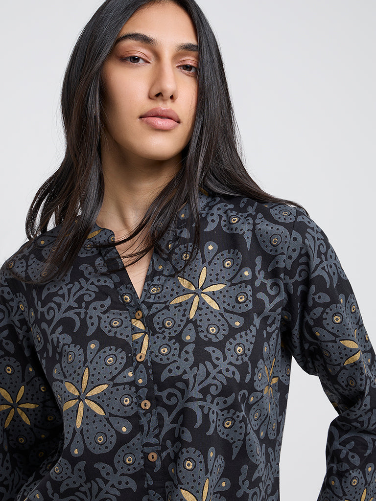 Utsa Black Buta Print Cotton Straight Kurta - Image 2