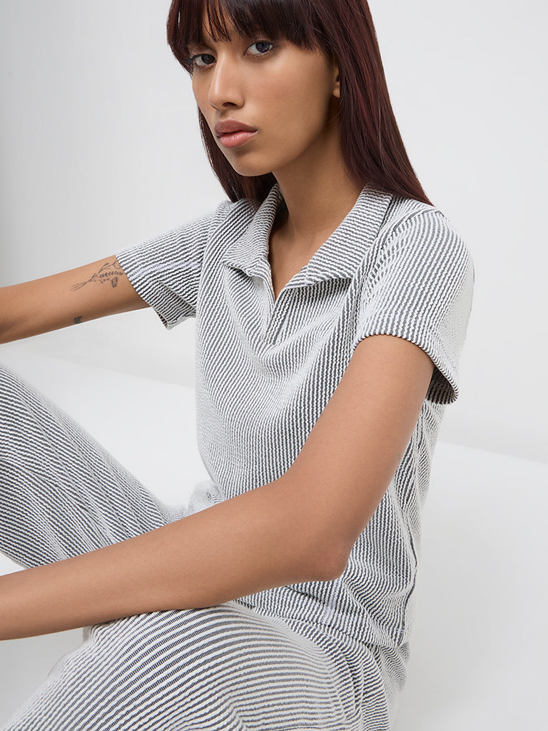 Studiofit Black & White Striped Cotton T-Shirt - Image 3