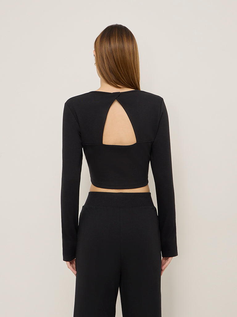 Studiofit Black Cut-Out Design Cotton-Blend Top - Image 4