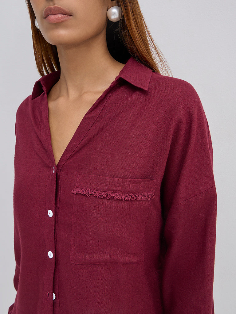 LOV Burgundy Fringe-Detailed Shirt - Image 2