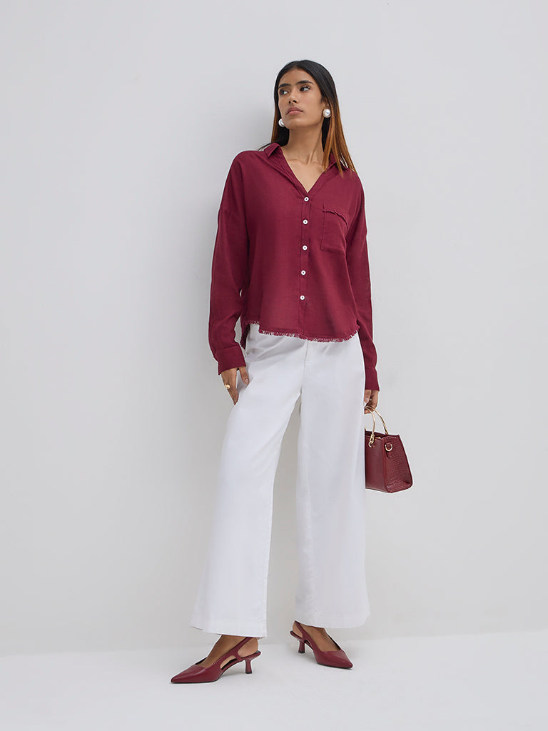 LOV Burgundy Fringe-Detailed Shirt - Image 3