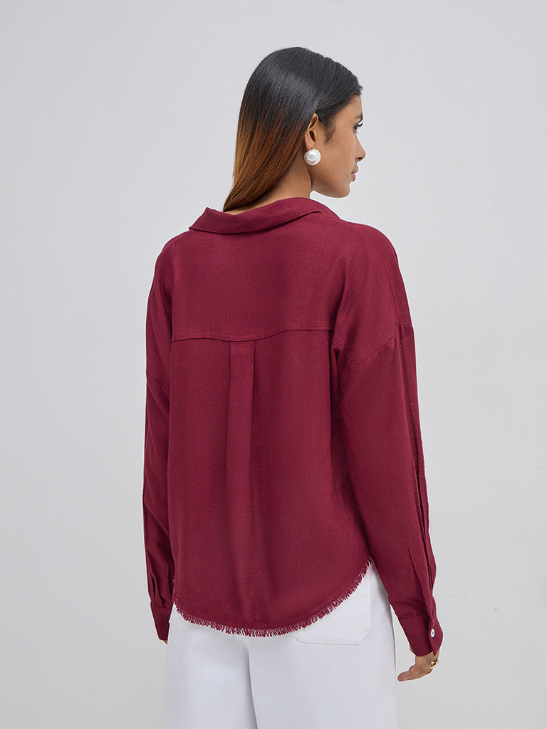 LOV Burgundy Fringe-Detailed Shirt - Image 4