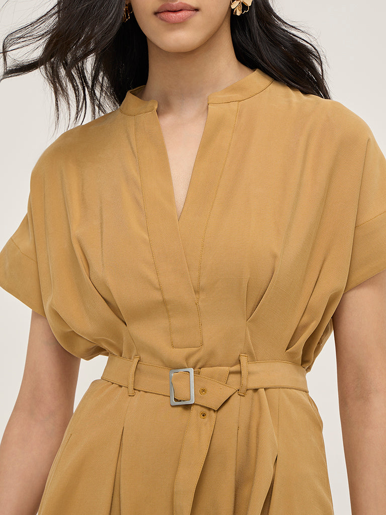 LOV Mustard Solid A-Line Dress with Belt - Image 2