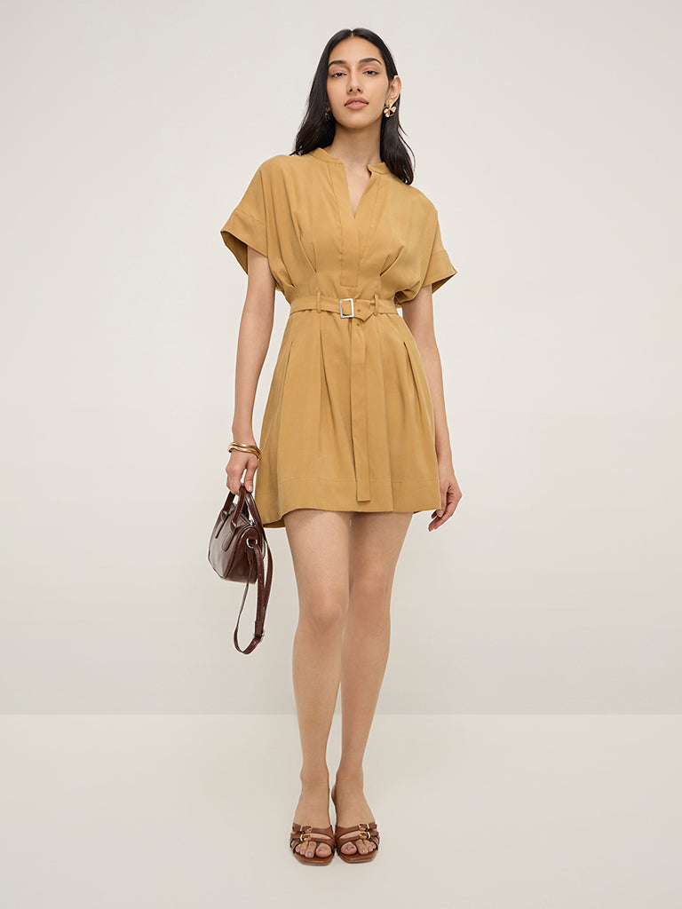 LOV Mustard Solid A-Line Dress with Belt - Image 3