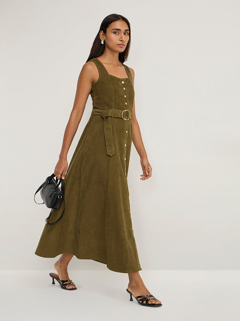 LOV Olive A-Line Denim Dress with Belt