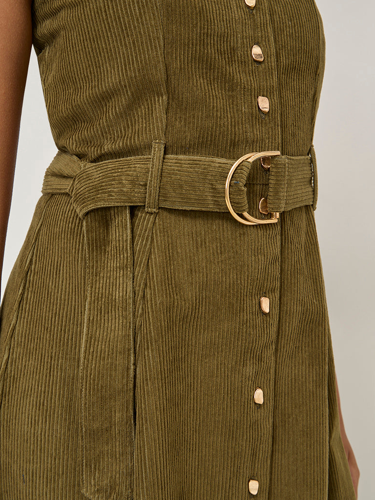 LOV Olive A-Line Denim Dress with Belt - Image 3