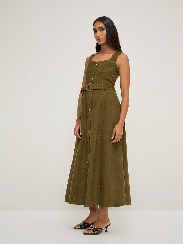 LOV Olive A-Line Denim Dress with Belt - Image 4