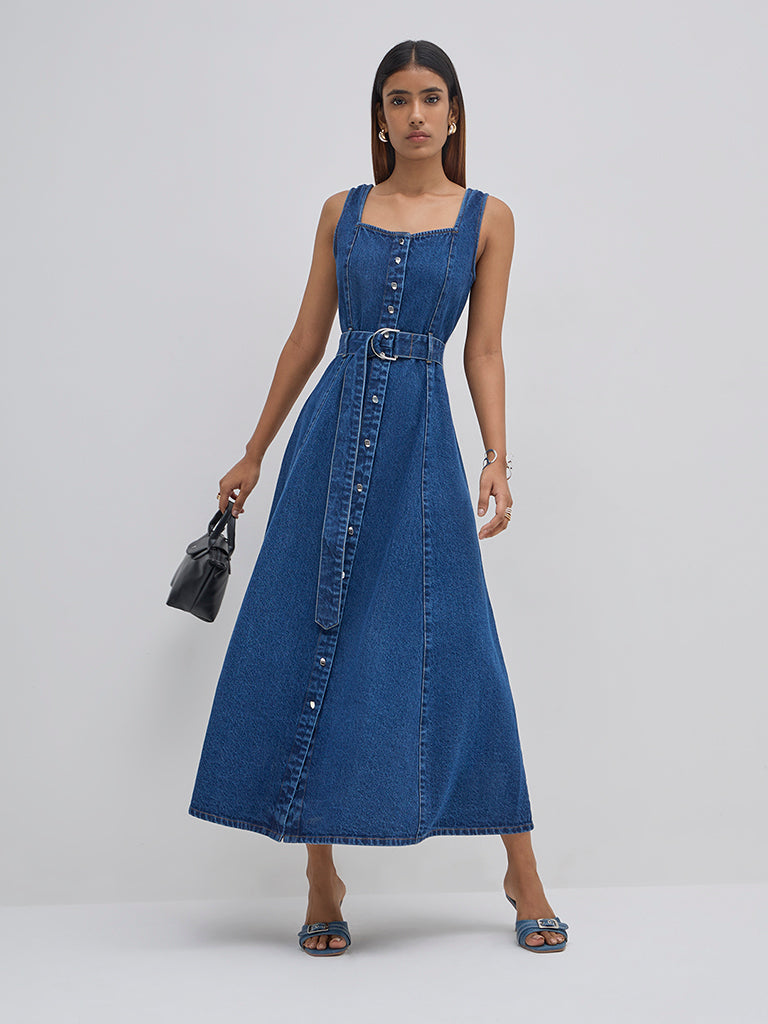 LOV Dark Blue A-Line Denim Dress with Belt