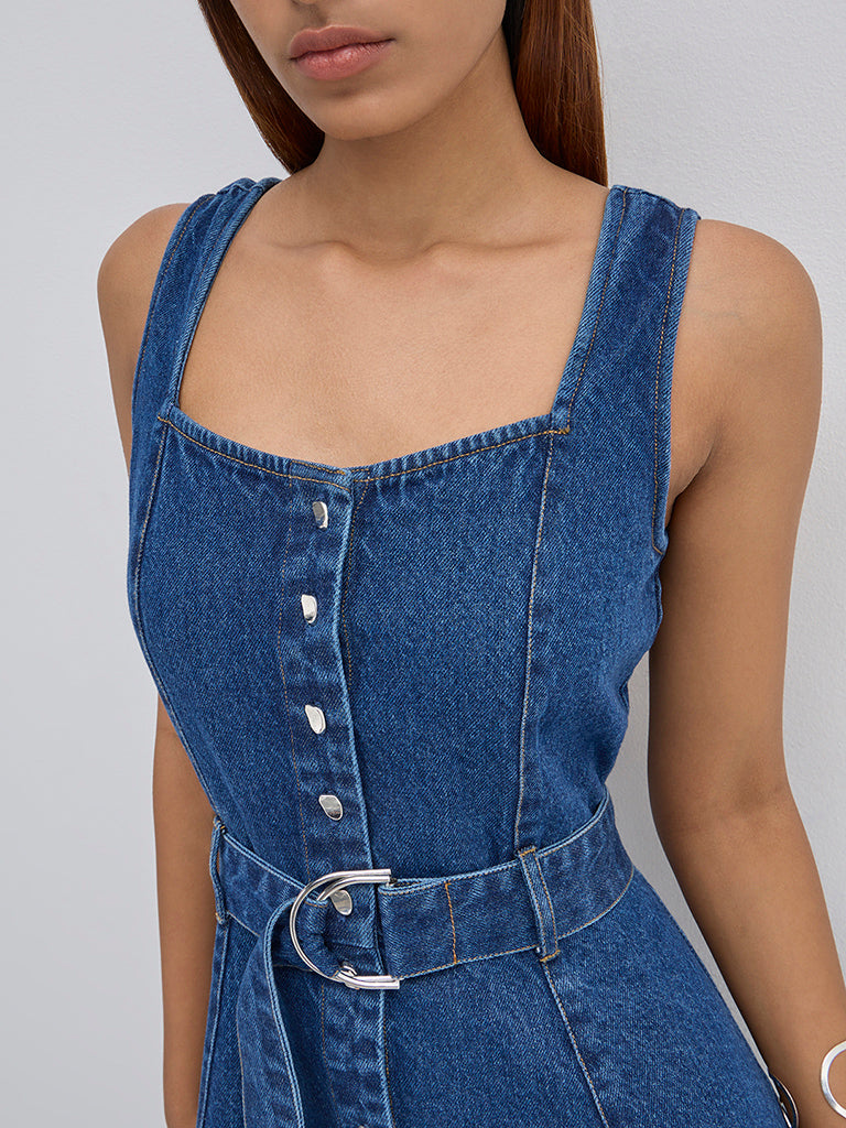 LOV Dark Blue A-Line Denim Dress with Belt - Image 3