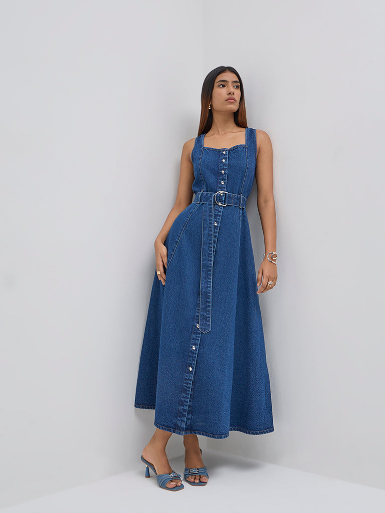 LOV Dark Blue A-Line Denim Dress with Belt - Image 4