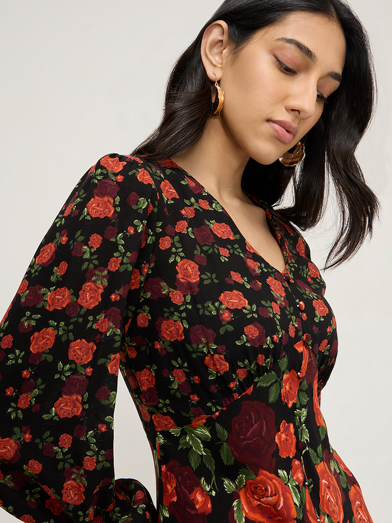 LOV Black Floral Design A-Line Dress - Image 2