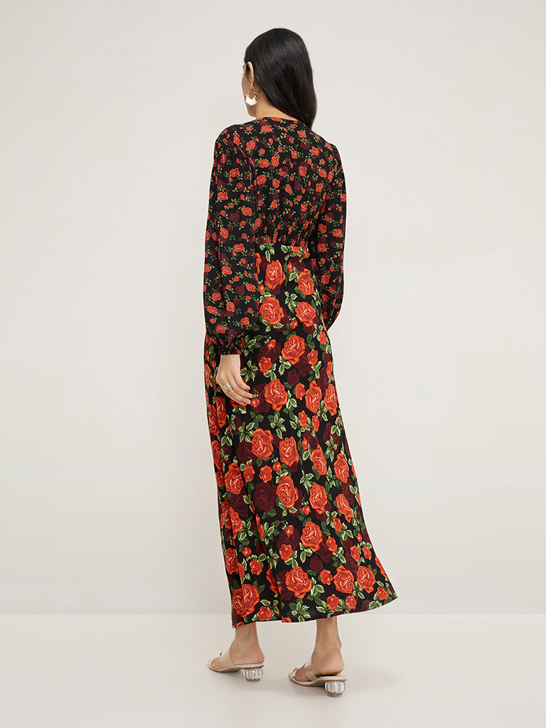 LOV Black Floral Design A-Line Dress - Image 4