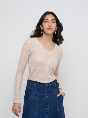 LOV Beige Chevron Textured Cotton-Blend Top