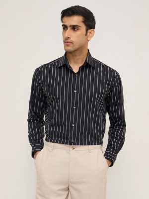 WES Formals Black Stripe Patterned Relaxed-Fit Cotton-Blend Shirt