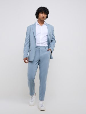 WES Formals Light Blue Slim-Tapered Mid-Rise Cotton-Blend Trousers