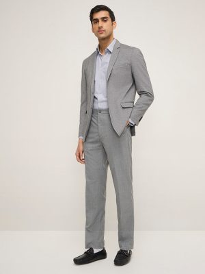 WES Formals Grey Checkered Relaxed-Fit Mid-Rise Trousers
