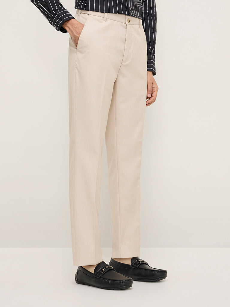 WES Formals Beige Relaxed-Fit Mid-Rise Trousers - Image 3