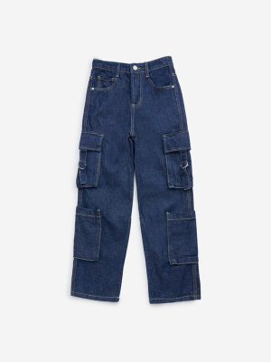 Y&F Kids Dark Blue Cargo-Style Straight-Fit Mid-Rise Jeans