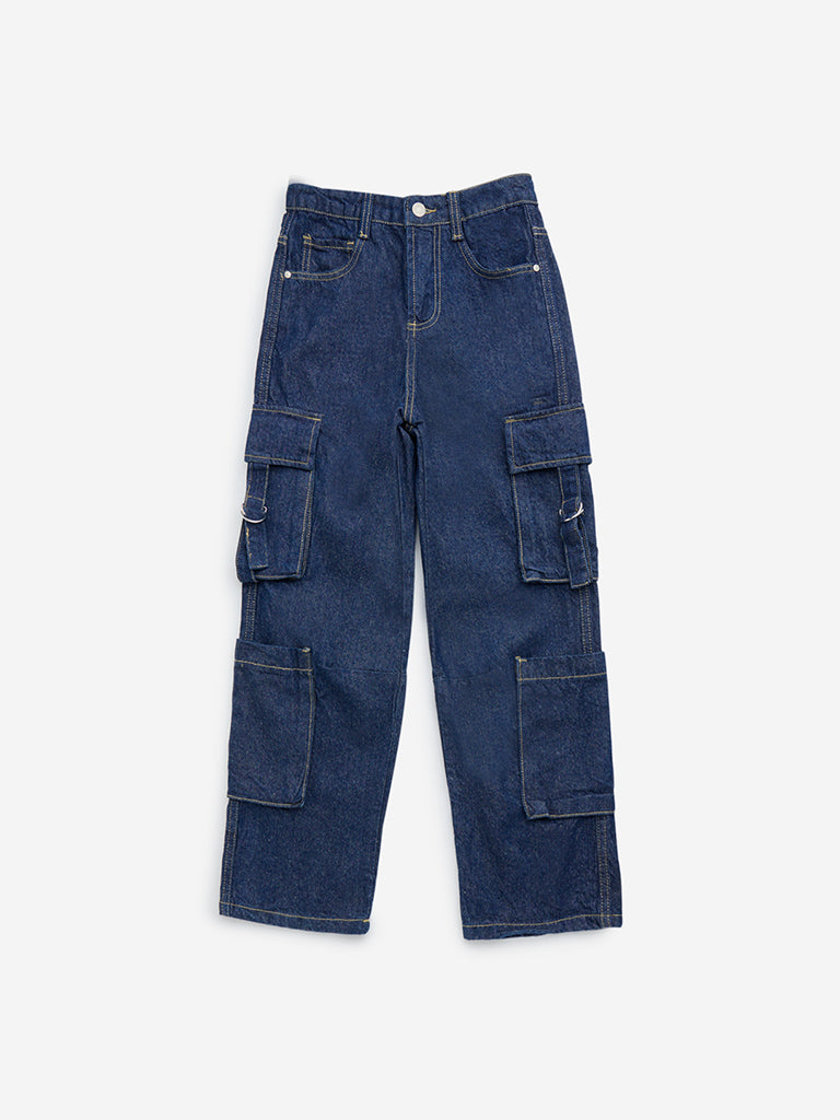 Y&F Kids Dark Blue Cargo-Style Straight-Fit Mid-Rise Jeans