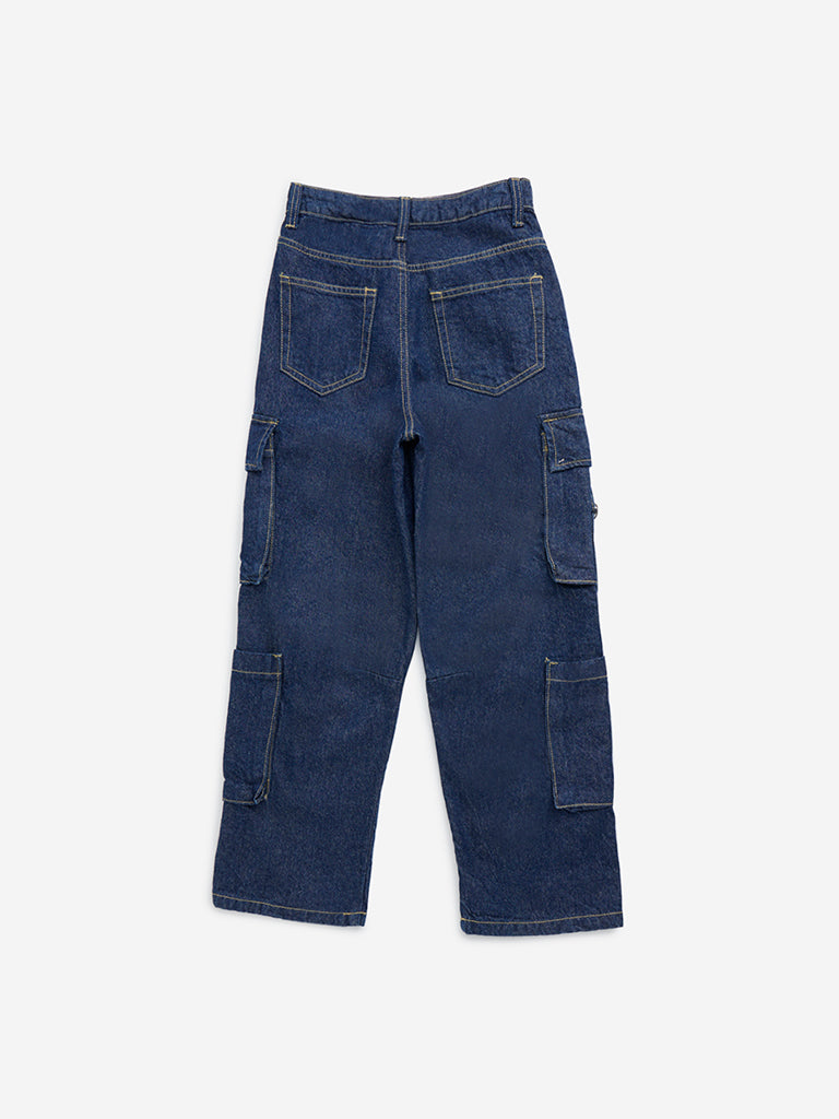 Y&F Kids Dark Blue Cargo-Style Straight-Fit Mid-Rise Jeans - Image 2